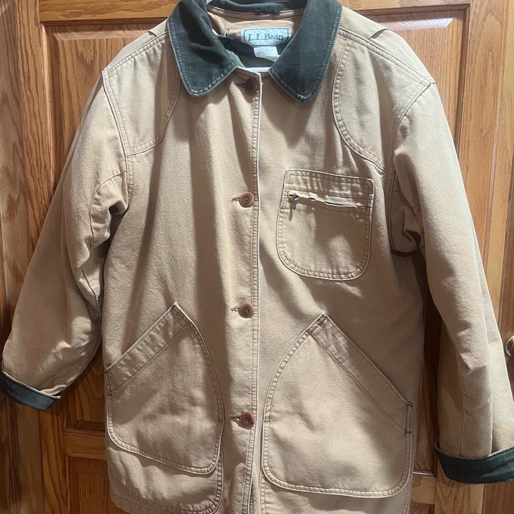 L.L. Bean Tan Utility Jacket with Green Collar